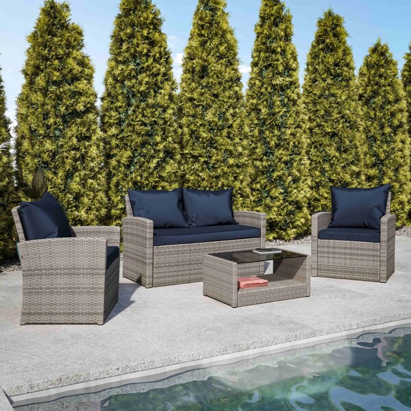 Flash Furniture Aransas Series 4 Piece Light Gray Patio Set with Navy Back Pillows and Seat Cushions JJ-S351-GYNV-GG - main